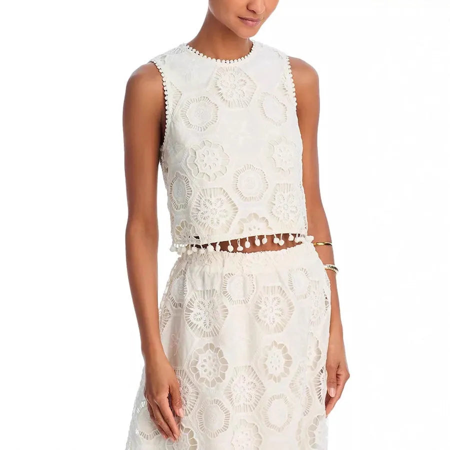 White women's sleeveless top and long skirt suit with retro embroidery design