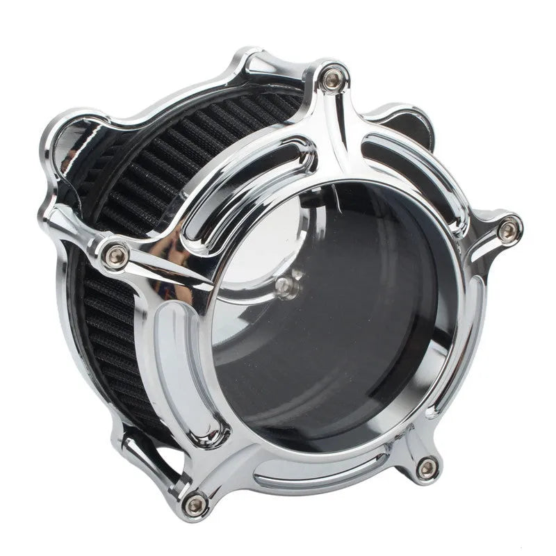 Aluminium air filter retrofit kit in red and blue electroplated finishes with suction accessories.