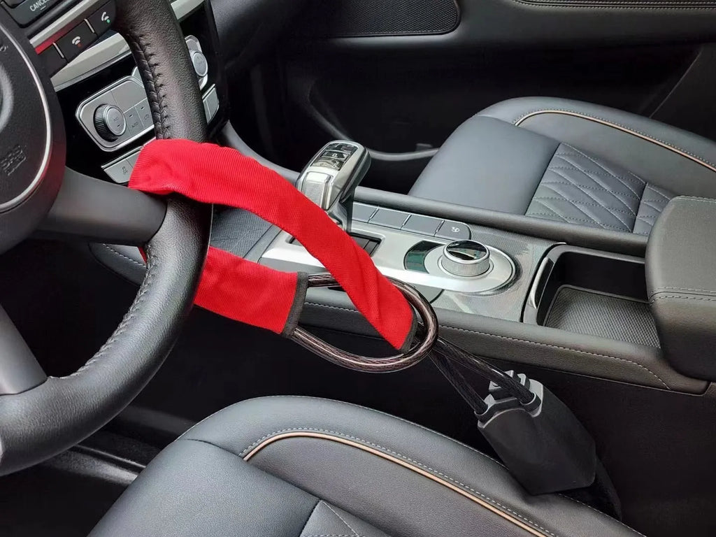 Red car steering wheel lock with wire rope security cable for General Motors vehicles