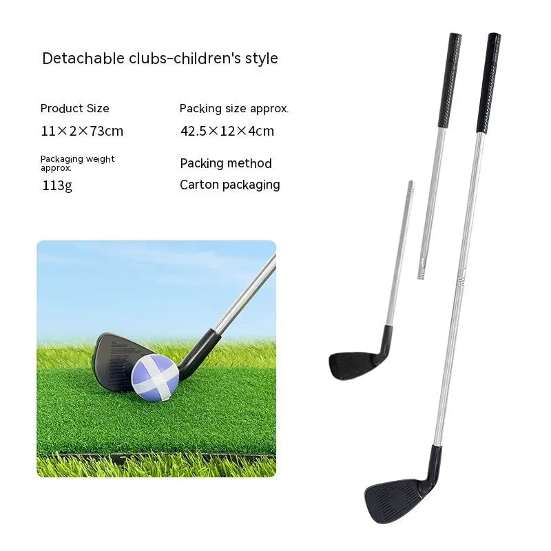 Metal golf training club set showing adult and children's versions for outdoor practice