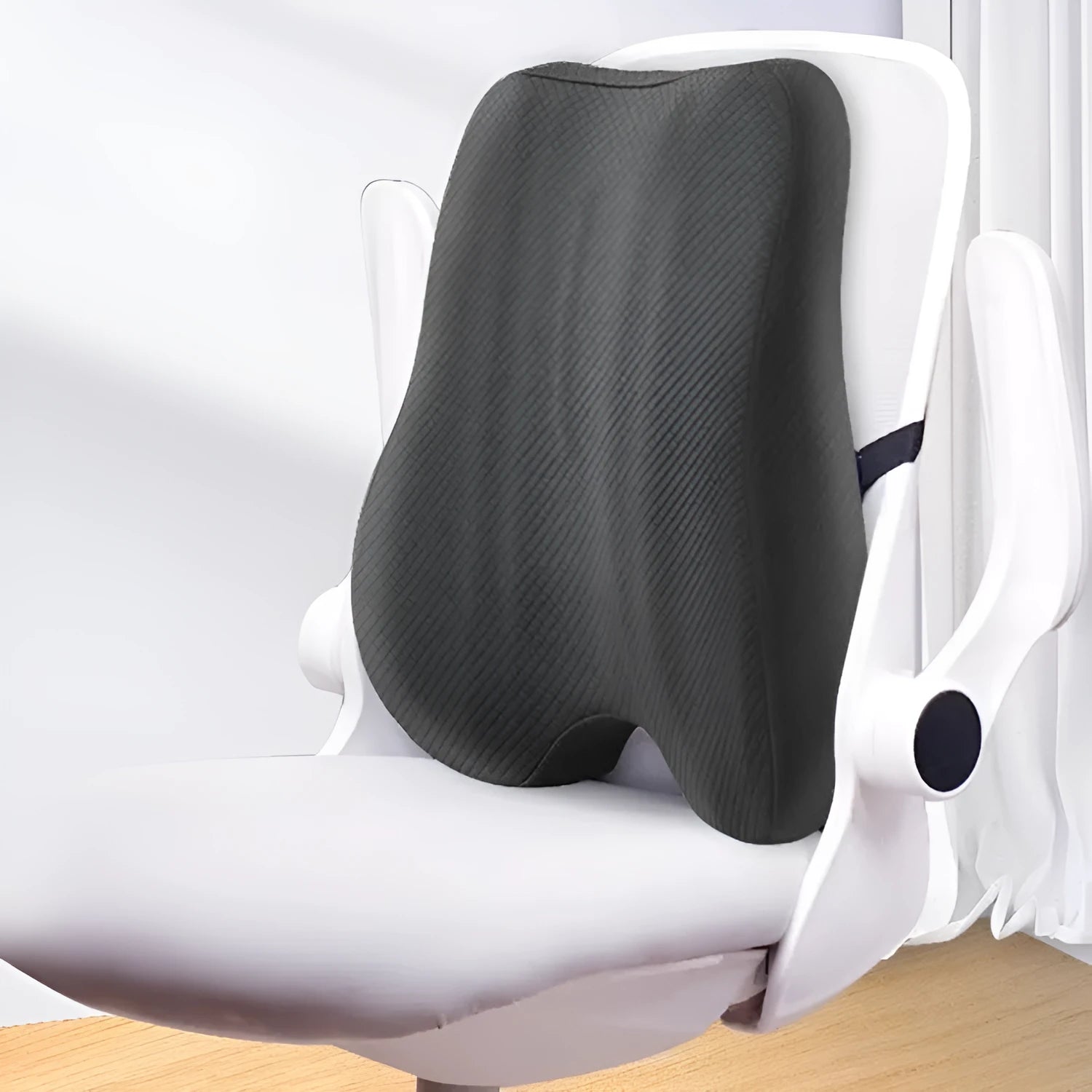 Office chair lumbar support pillow in grey colour showing contour design for lower back comfort