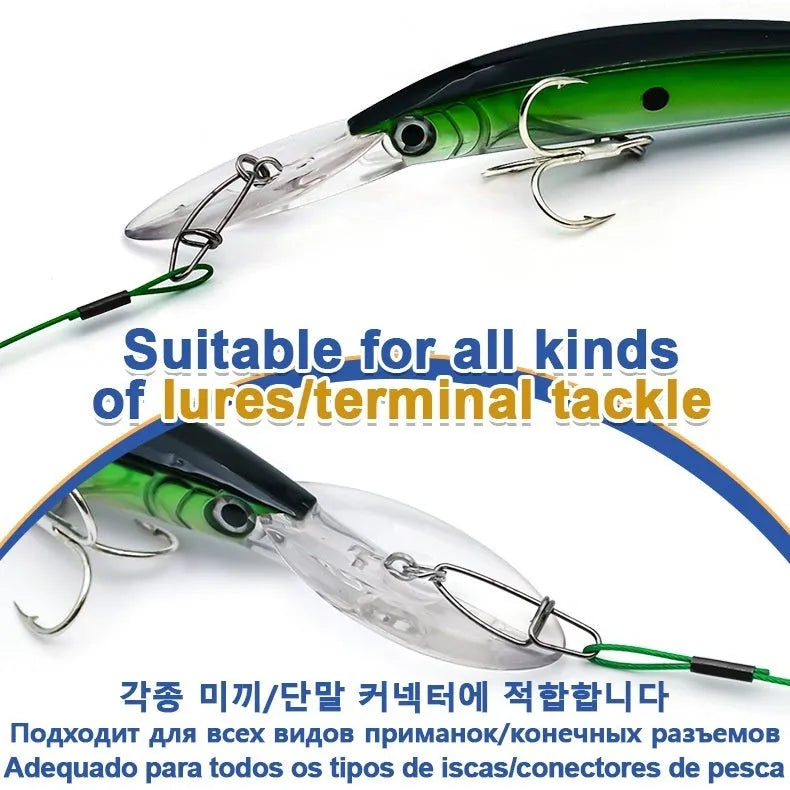 Set of 10 green anti-bite steel wire fishing accessories with double buckle pins, each 54cm long