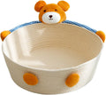 Woven cotton rope cat bed and scratching pad in bear design, showing basket shape.