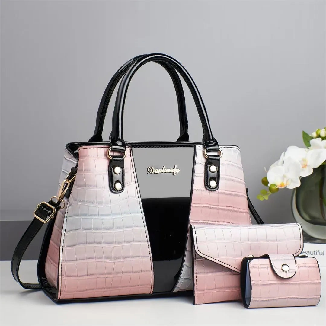 Women's crocodile-stitch three-piece shoulder bag set showing main bag, small bag, and card pouch in PU leather