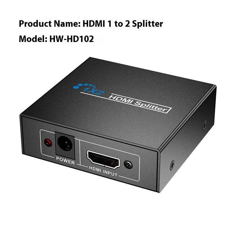 4K HDMI splitter distributing signal to two displays with USB charging cable included