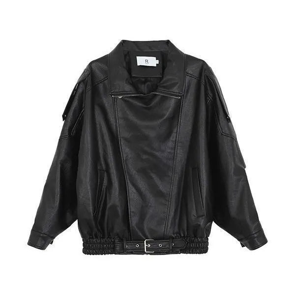 Women's loose retro biker jacket in faux leather, available in brown and black, long sleeves, splicing detail, no fur collar