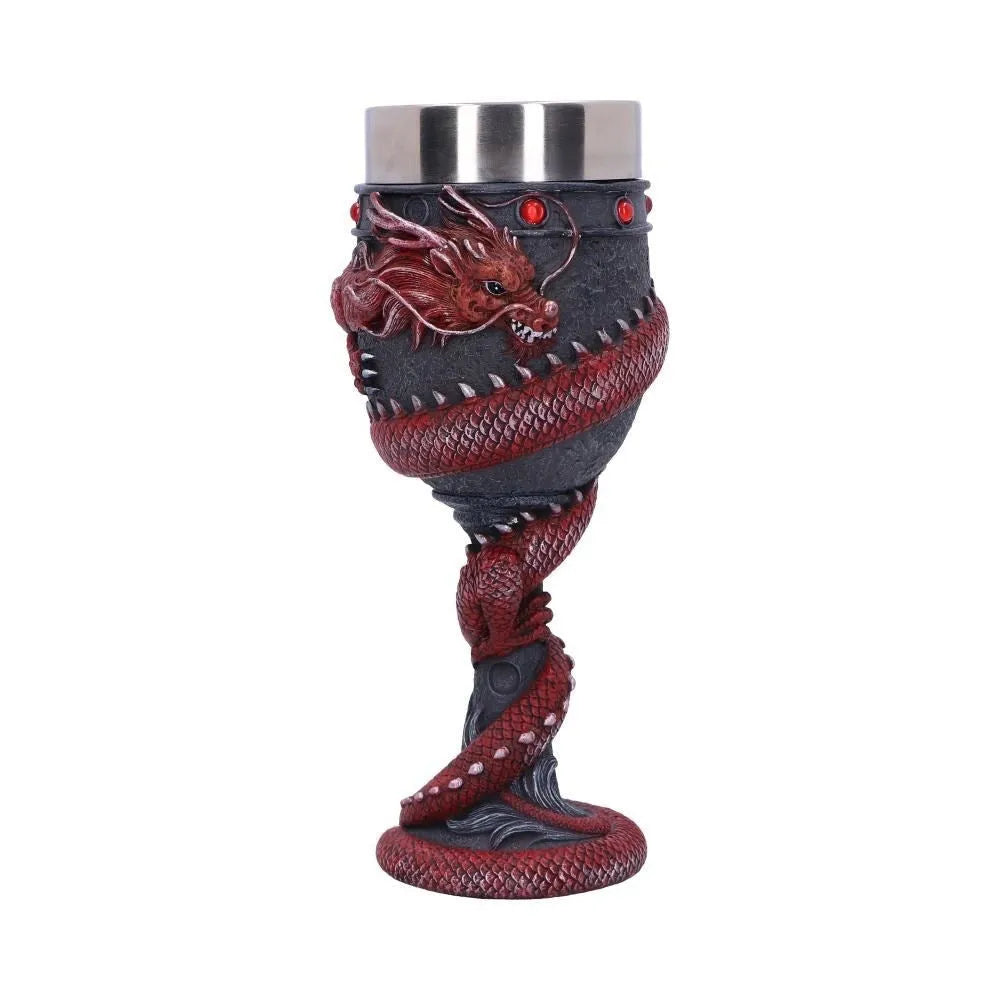 Red wine glass with gold 3D dragon resin design on stainless steel base.