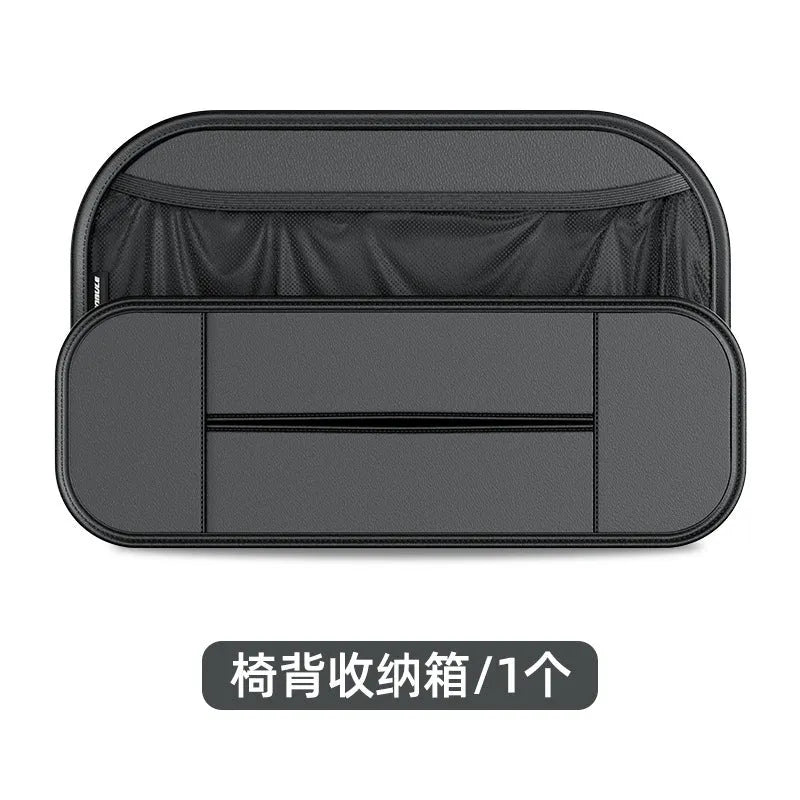 Black leather car seat rear storage bag measuring 36cm wide with customisable compartments