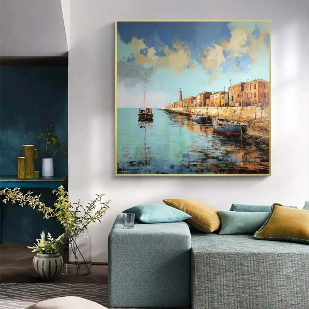 Hand painted abstract pier and boat landscape oil painting on square canvas