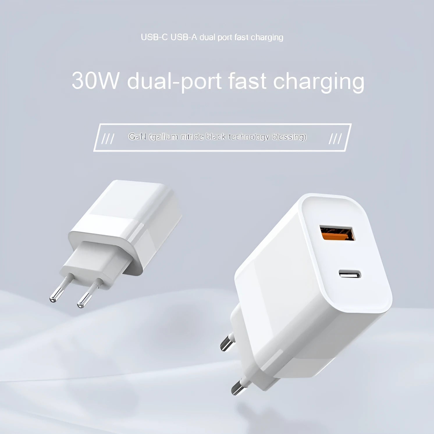 Gallium Nitride 30W charger with European standard plug, dual Type-C ports, white