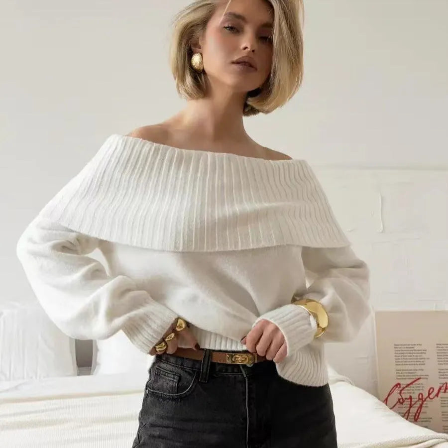 Grey off-the-shoulder women's sweater with 3D pattern and strapless design