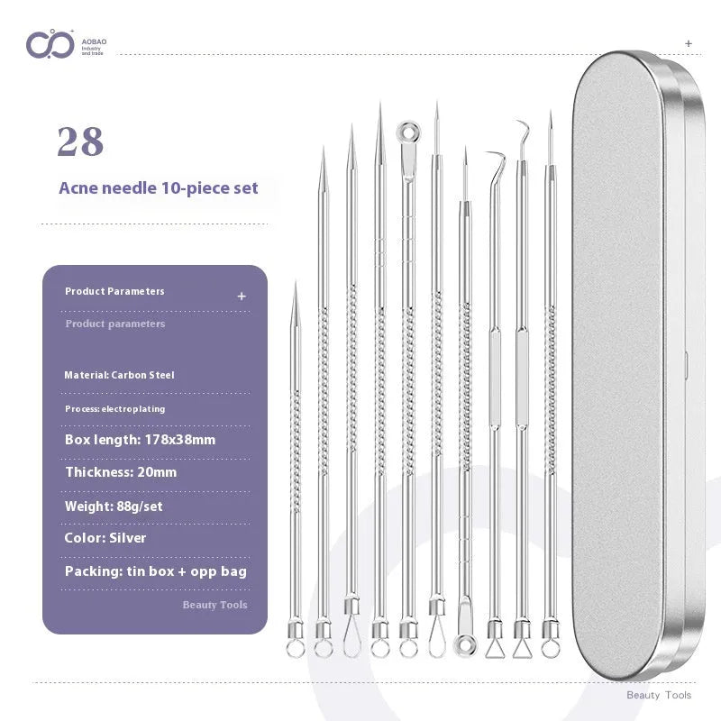 Four silver metal acne needles with pointed tips for skincare extraction