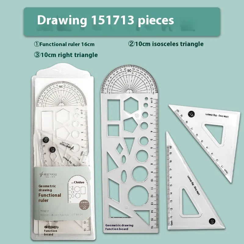 Youpai transparent acrylic ruler set with square and protractor on lined paper.