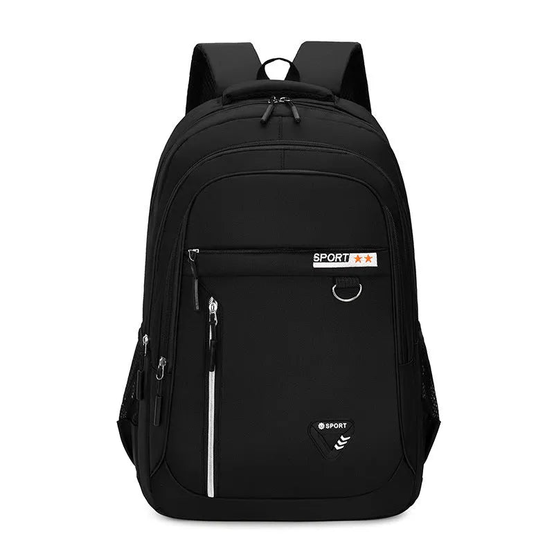 Men's Oxford cloth schoolbag showing air pillow belt system and 20-35 litre capacity