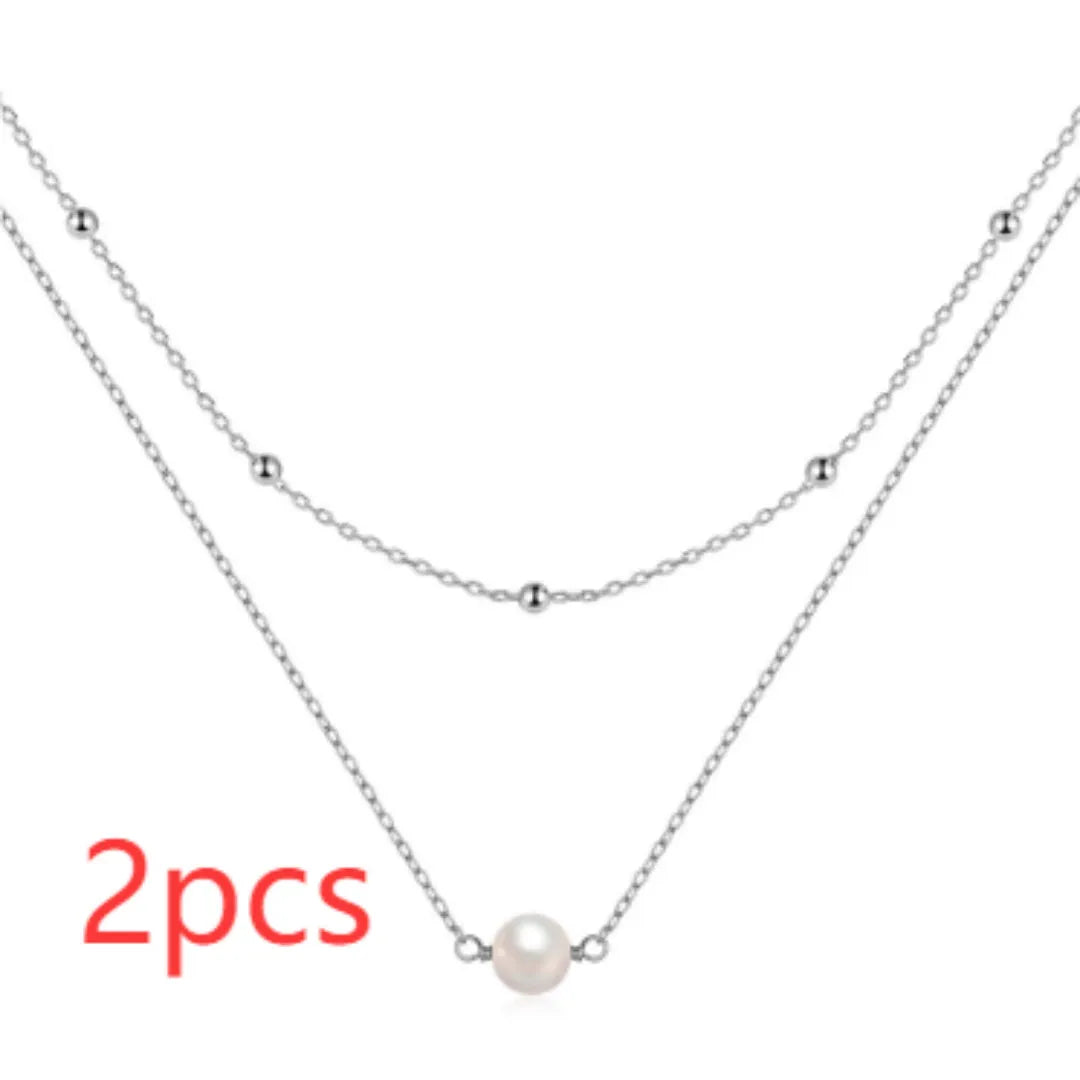 S925 sterling silver double layer women's necklace with twin pearls on geometric ball bead chain in gold colour