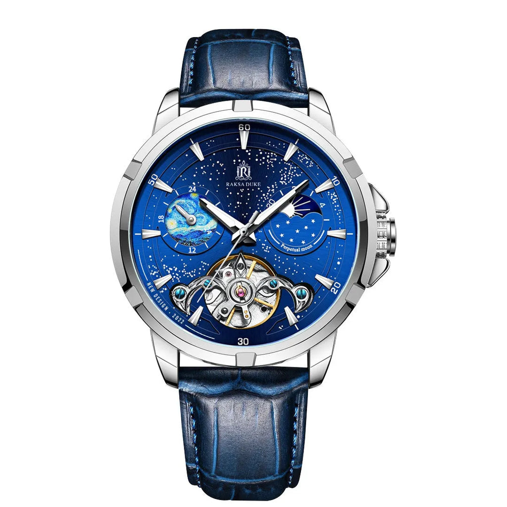 Men's blue automatic mechanical watch with skeleton design showing internal gears