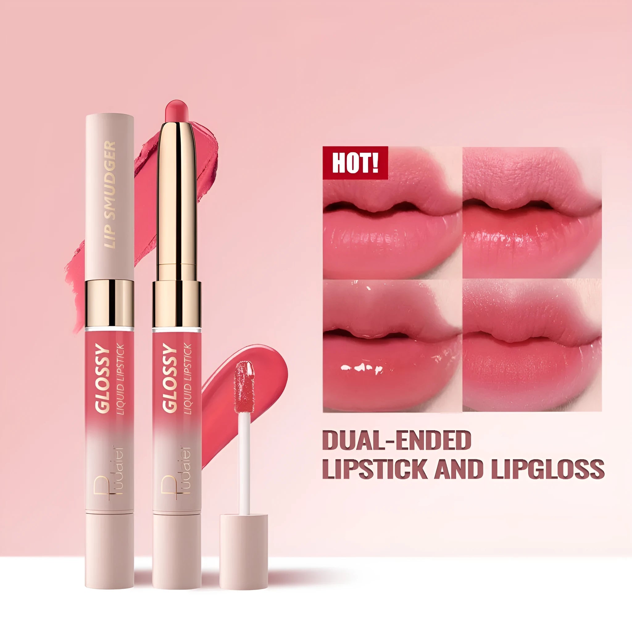 Double-headed lipstick and lip gloss set showing matte finish, available in ten different colour options.