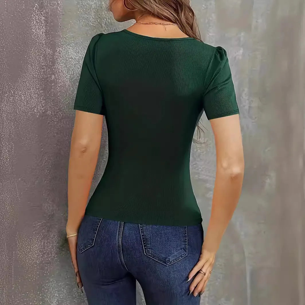 Women's wine red slim fit V-neck knitted short sleeve pullover on hanger