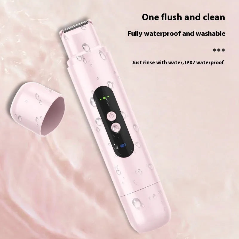White and pink portable electric body hair trimmer with floating blades and USB charging cable.