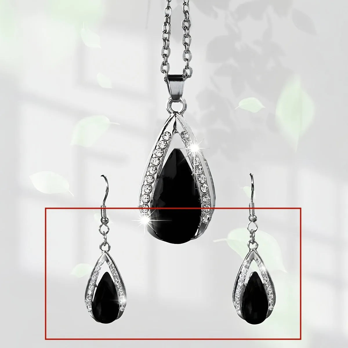 Teardrop glass pendant necklace and earrings matching suite in black or red alloy jewellery