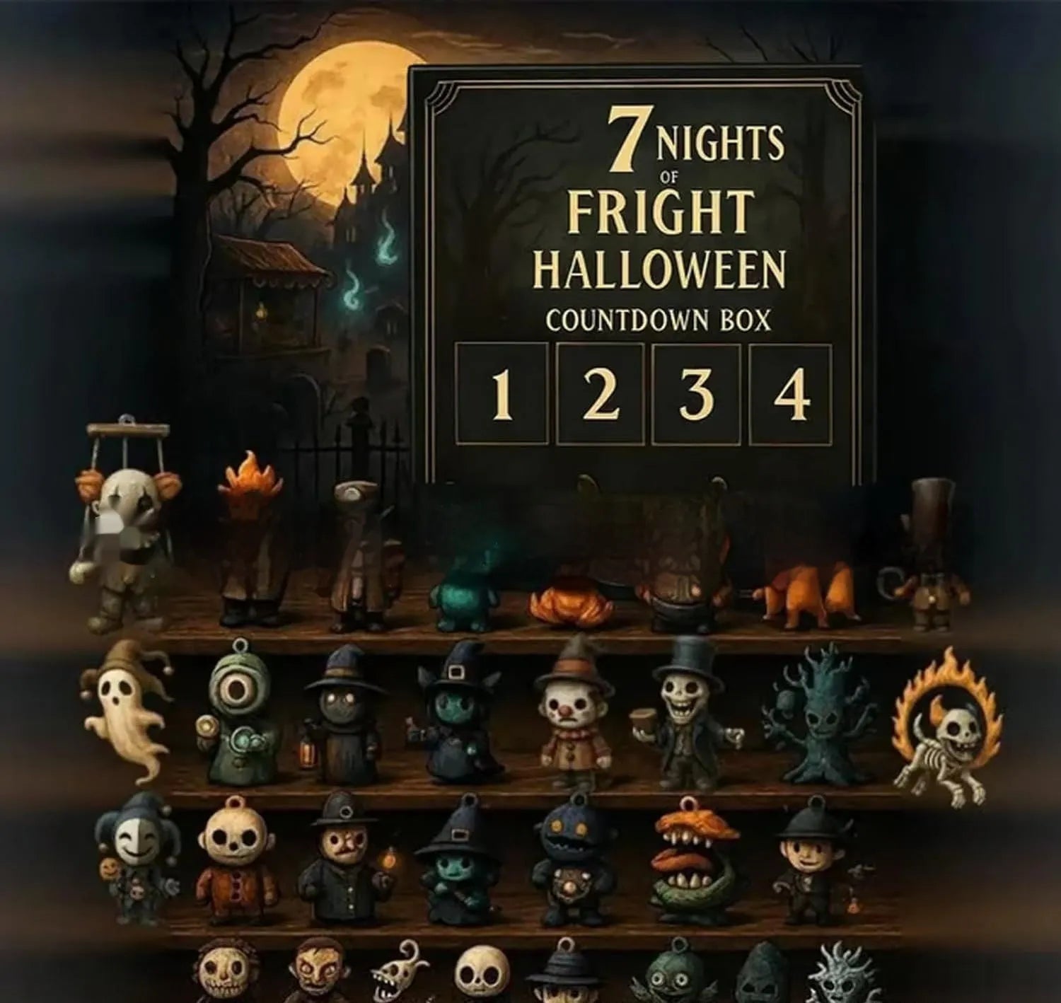 Halloween countdown calendar box with horror doll collectibles in resin and plastic construction