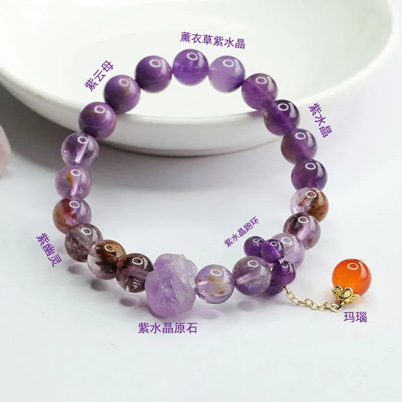 Natural nine purple amethyst crystal bracelet with red agate stones in Mori design
