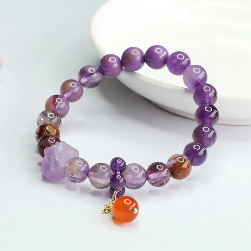 Natural nine purple amethyst crystal bracelet with red agate stones in Mori design