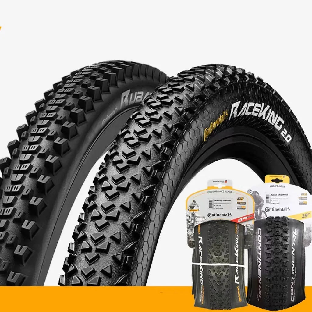 Mountain bike tyre showing tread pattern, available in yellow and white colours for 26, 27.5, and 29-inch wheel sizes