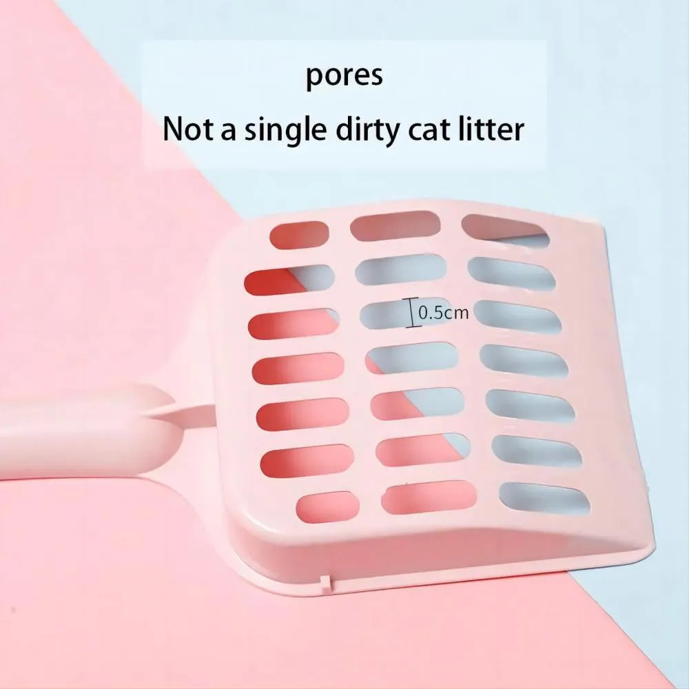Blue plastic cat litter scoop for cleaning pet toilets, shown with dimensions.