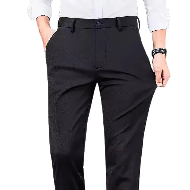 Men's straight leg business casual trousers in navy blue made from polyester blend on a mannequin.