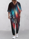 Cropped sleeves V-neck trousers suit in thin polyester two-piece set