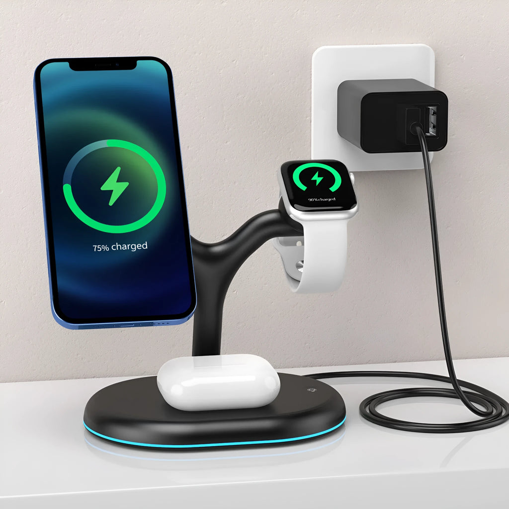 Black magnetic wireless charging station with three-in-one design for multiple devices