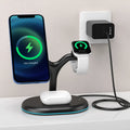 Black magnetic wireless charging station with three-in-one design for multiple devices
