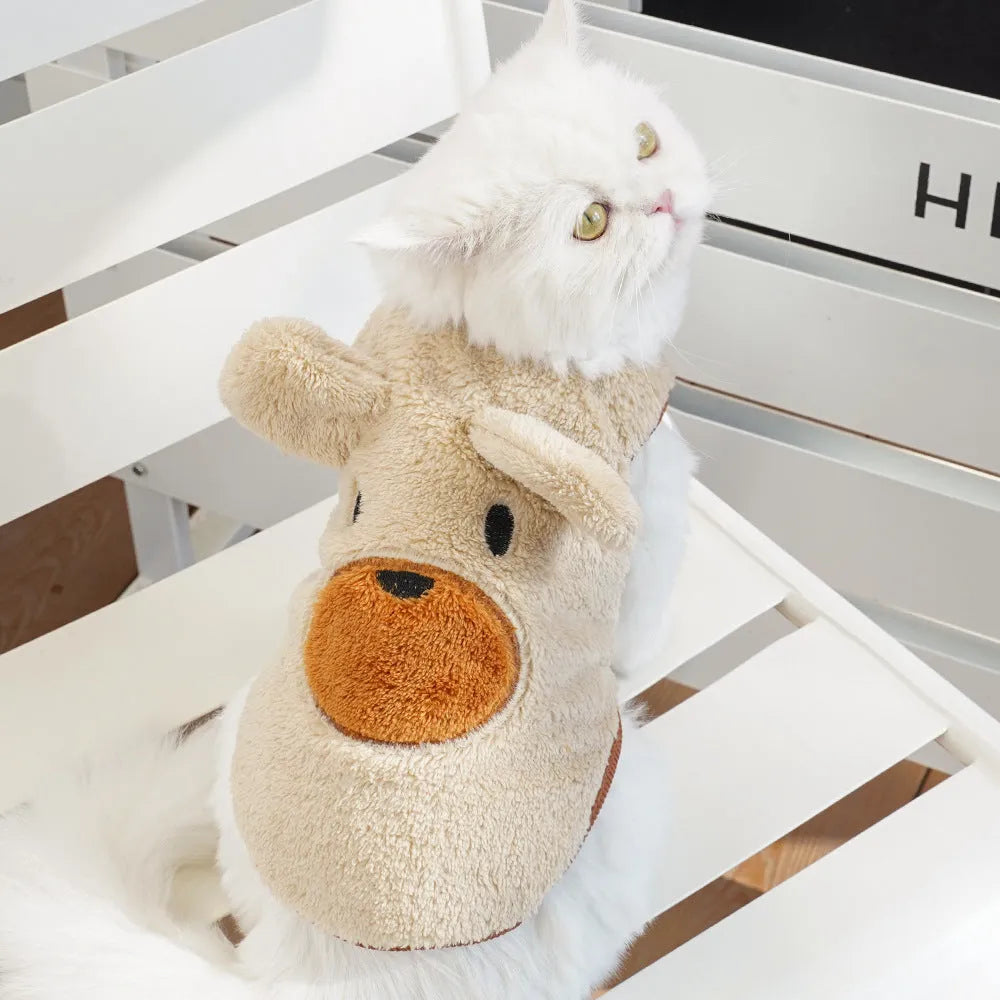 Cream fleece-lined pet dog clothes with brown bear ears on a white background, side view