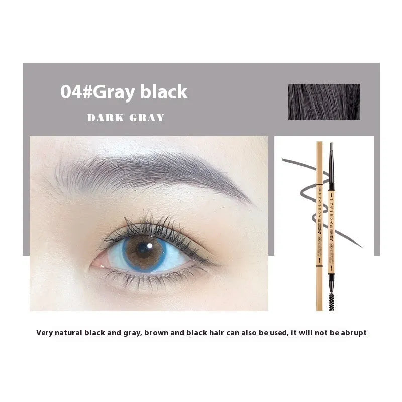 Gold ultra-fine eyebrow pencil shown in five shades: light brown, kaki brown, dark brown, grey black, and black