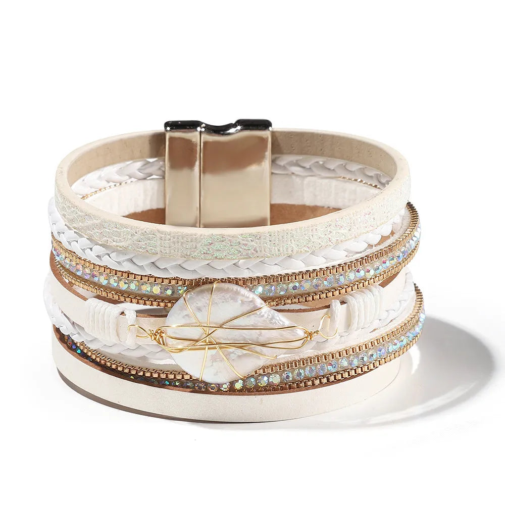 Original baroque freshwater pearl woven girls' bracelet in leather with geometric ingot centrepiece