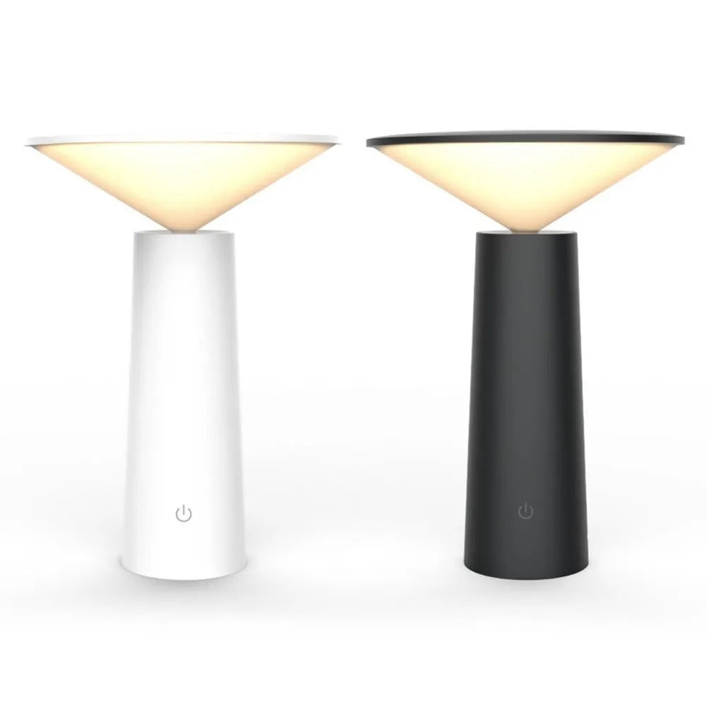 Black and white USB rechargeable LED desk lamp with a touch sensor and adjustable lamp head.