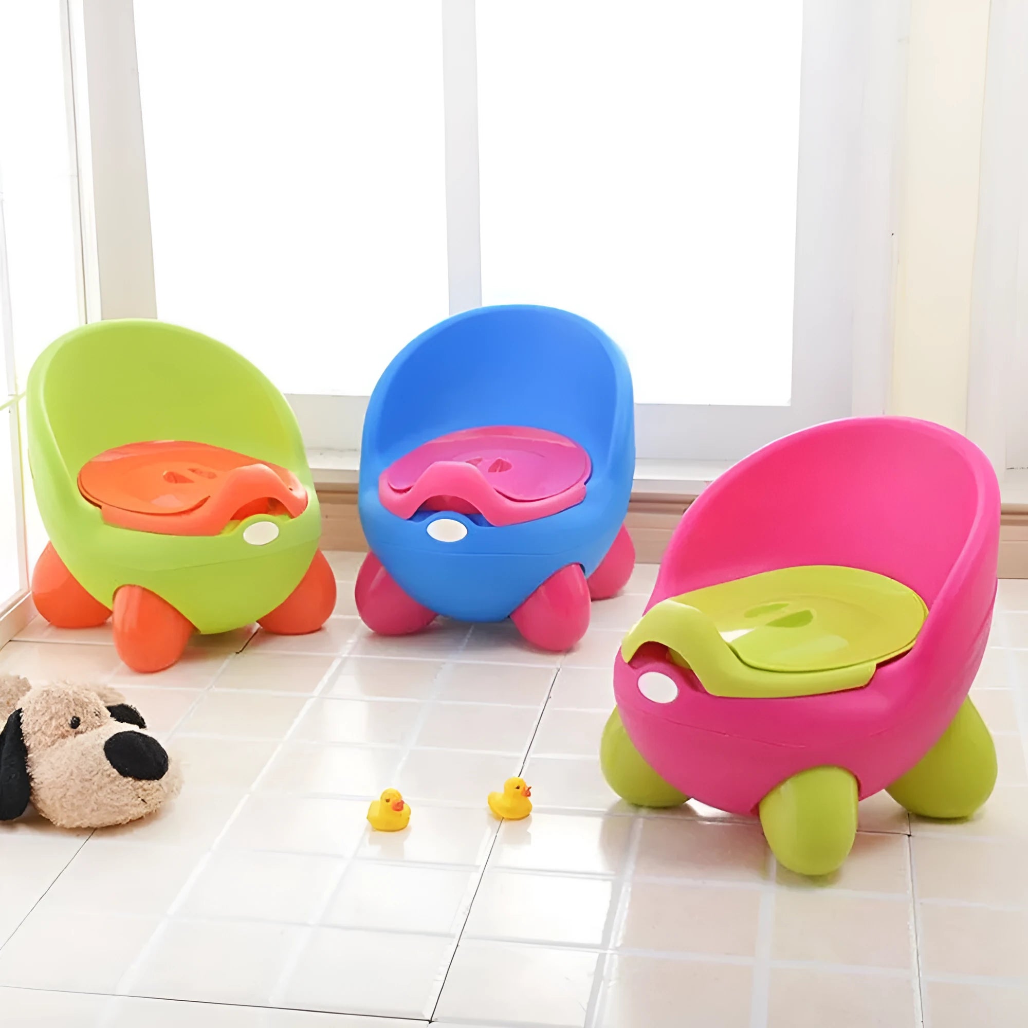 Cartoon-themed baby toilet training stool with splash guard in blue PP plastic