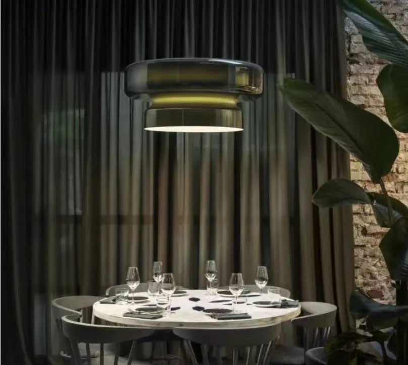 Modern square glass chandelier light fitting with colour options for bedroom or commercial spaces