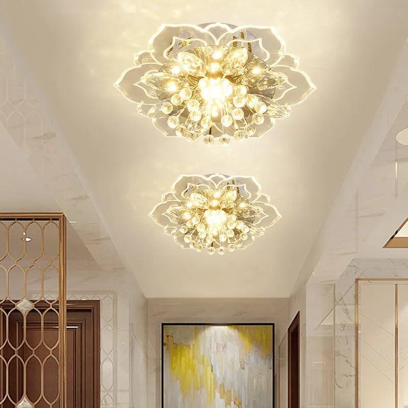 Modern crystal ceiling lamp with flower-shaped shade and 9W LED light in white, coloured, or warm light options