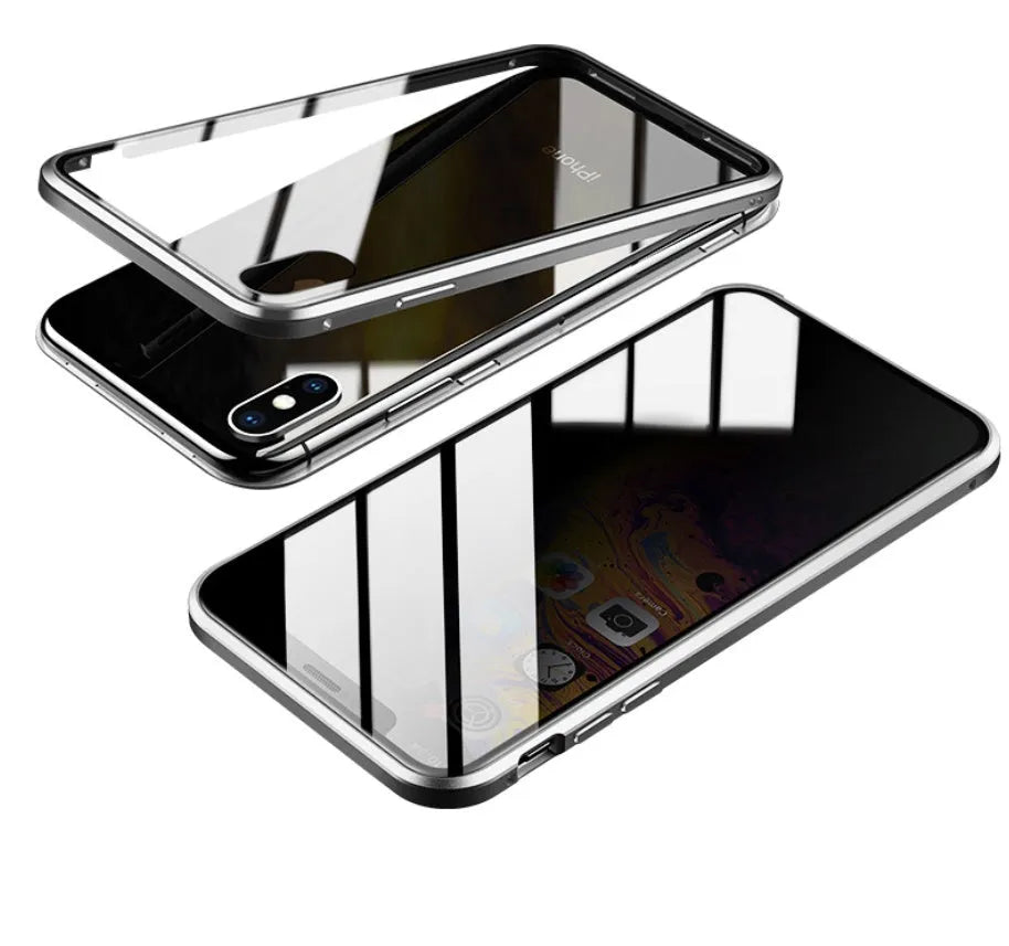 Clamshell anti-spy phone case in six colours showing tempered glass construction for iPhone privacy protection