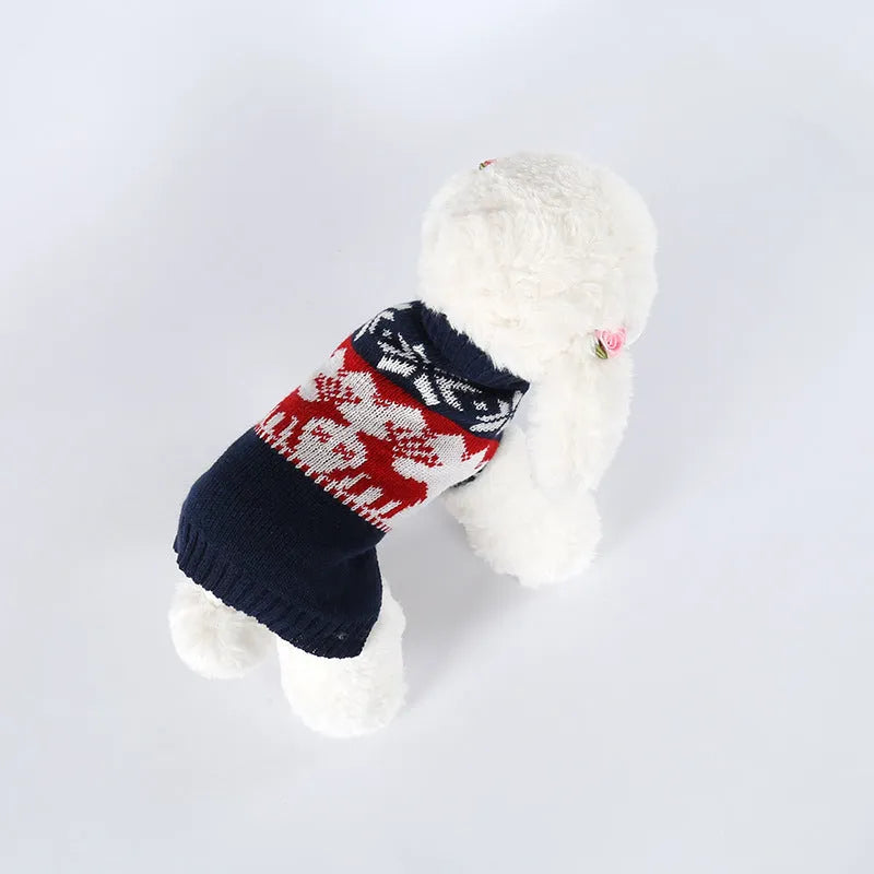 Navy blue knitted Christmas sweater for a dog, shown in a European American style.