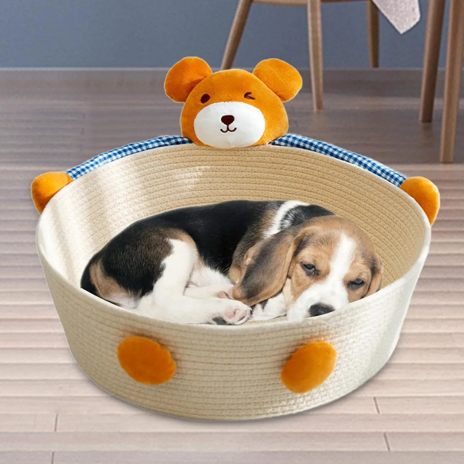 Woven cotton rope cat bed and scratching pad in bear design, showing basket shape.