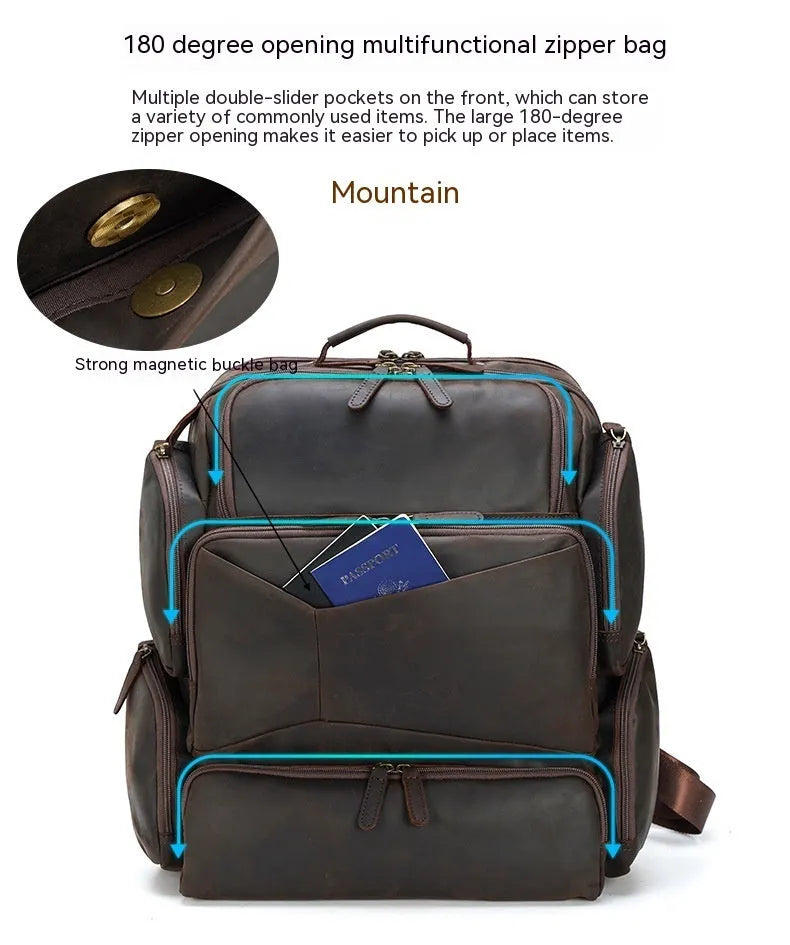 Dark brown genuine cowhide leather backpack with 17-inch laptop compartment and multiple internal organisers