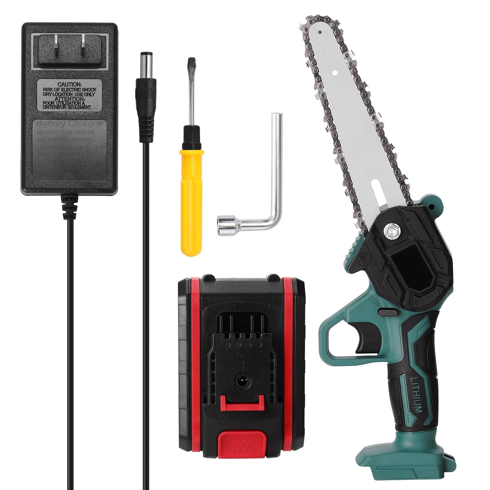 Black mini electric chainsaw with 4-inch guide bar showing compact one-hand design