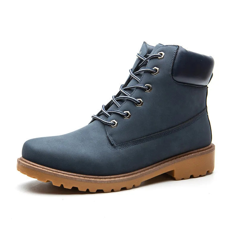 Men's pink Martin boots with velvet lining, round toe and lace-up front closure