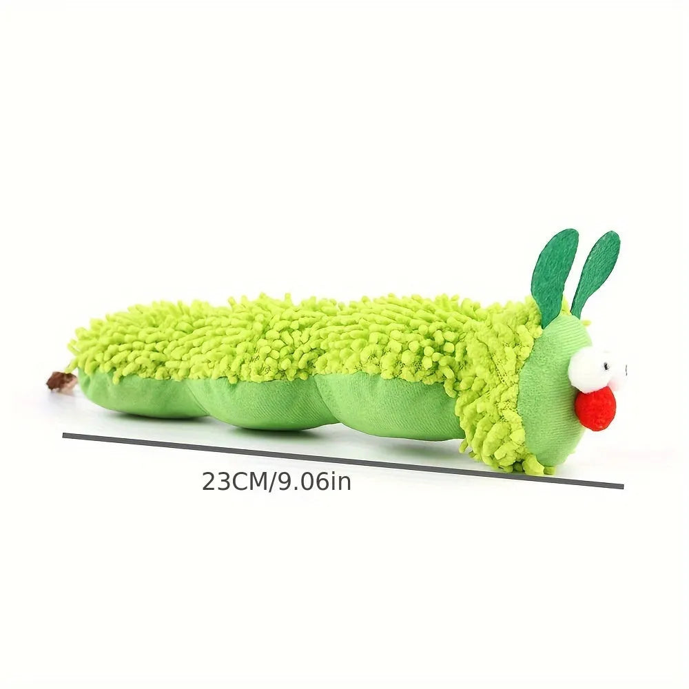 Green interactive plush cat toy pillow with sports attachments, measuring 24cm long