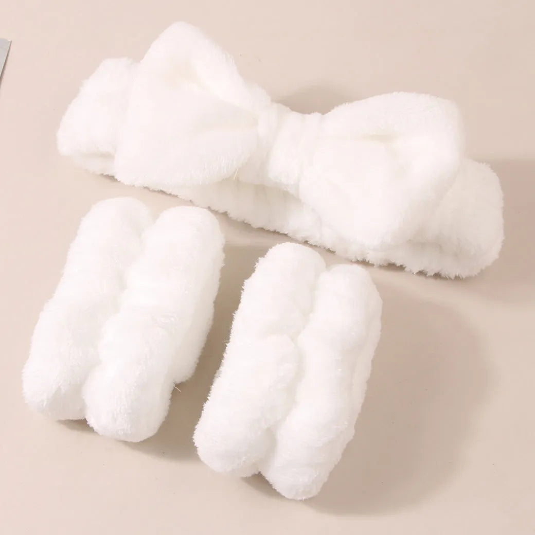 Facial brush set with coral fleece hair band, nylon bristle brush, and plastic toothbrush in purple, grey, white, or pink colours
