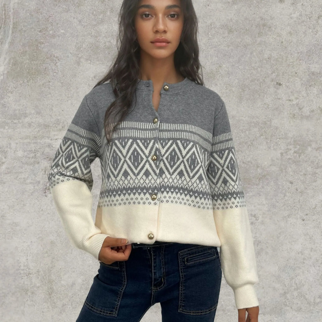 Women's red alpaca wool cardigan with diamond knit pattern and contrast colour detailing