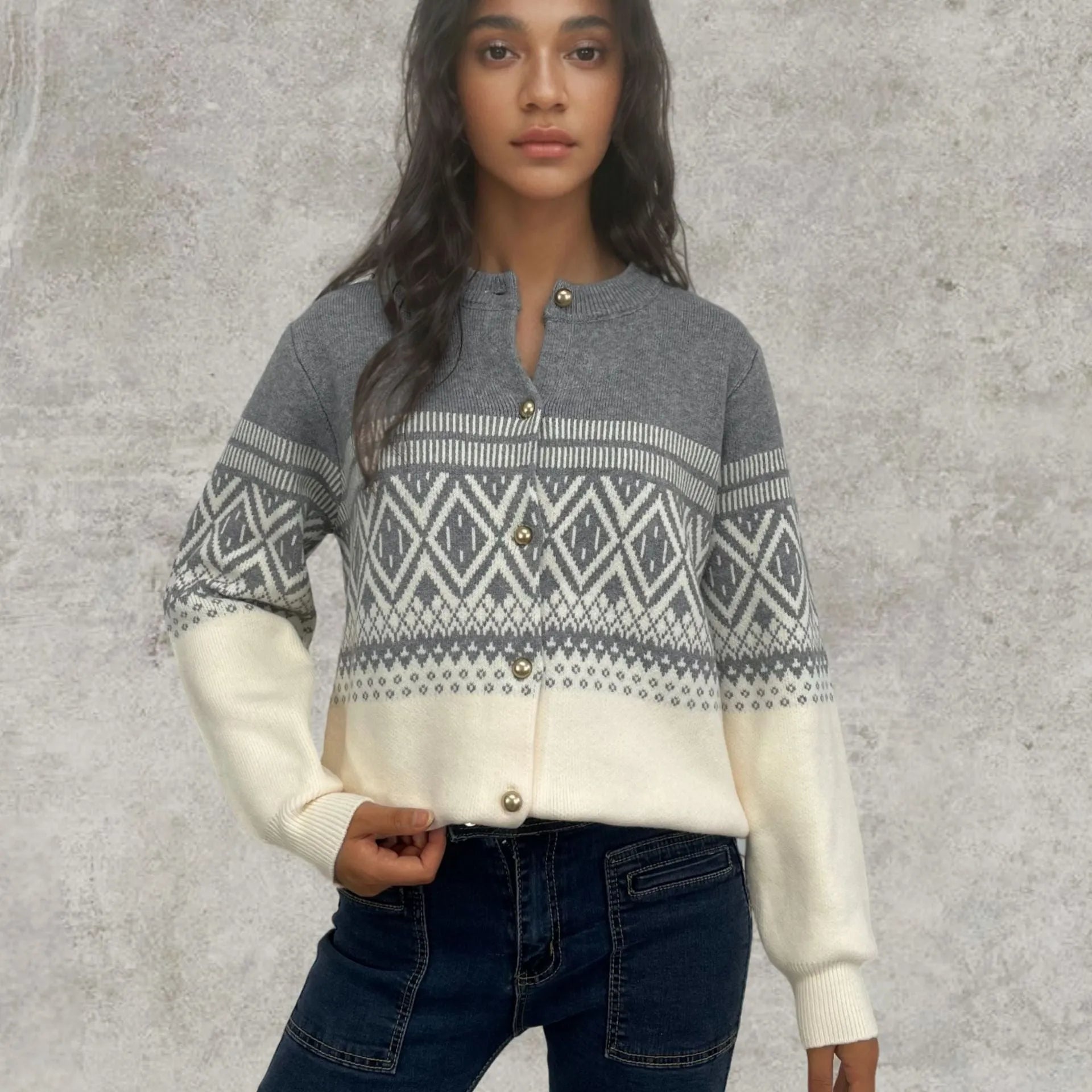 Women's red alpaca wool cardigan with diamond knit pattern and contrast colour detailing